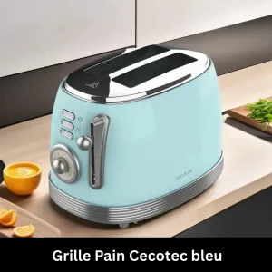 Grille pain bleu sur plan de travail avec des fruits