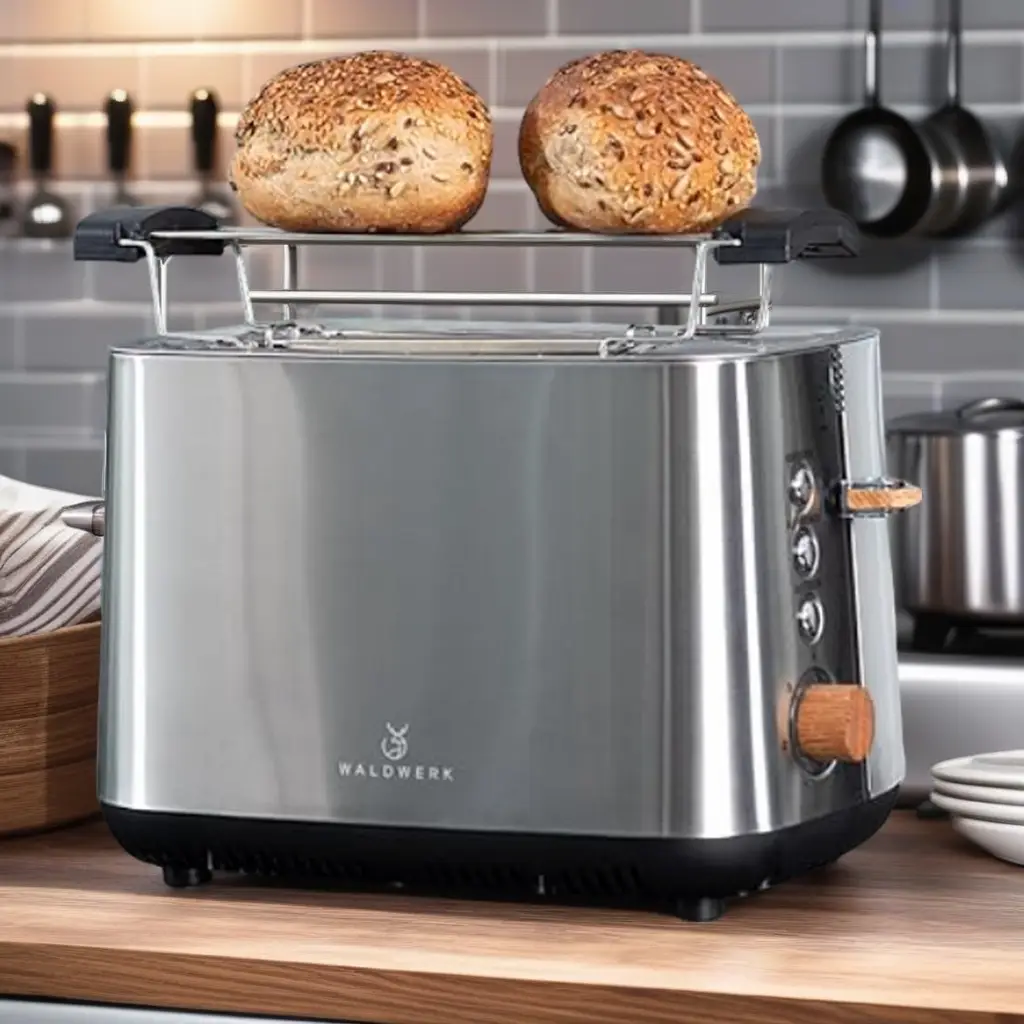 Grille pain bois avec du pain dans une cuisine