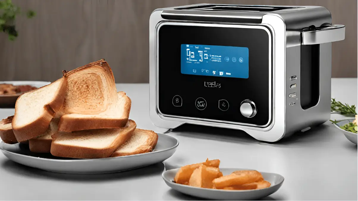 Grille-pain intelligent sur une table avec du pain et des fruits