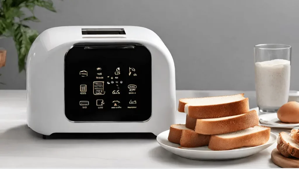 Grille-pain tactile sur une table avec du pain et un verre de lait 
