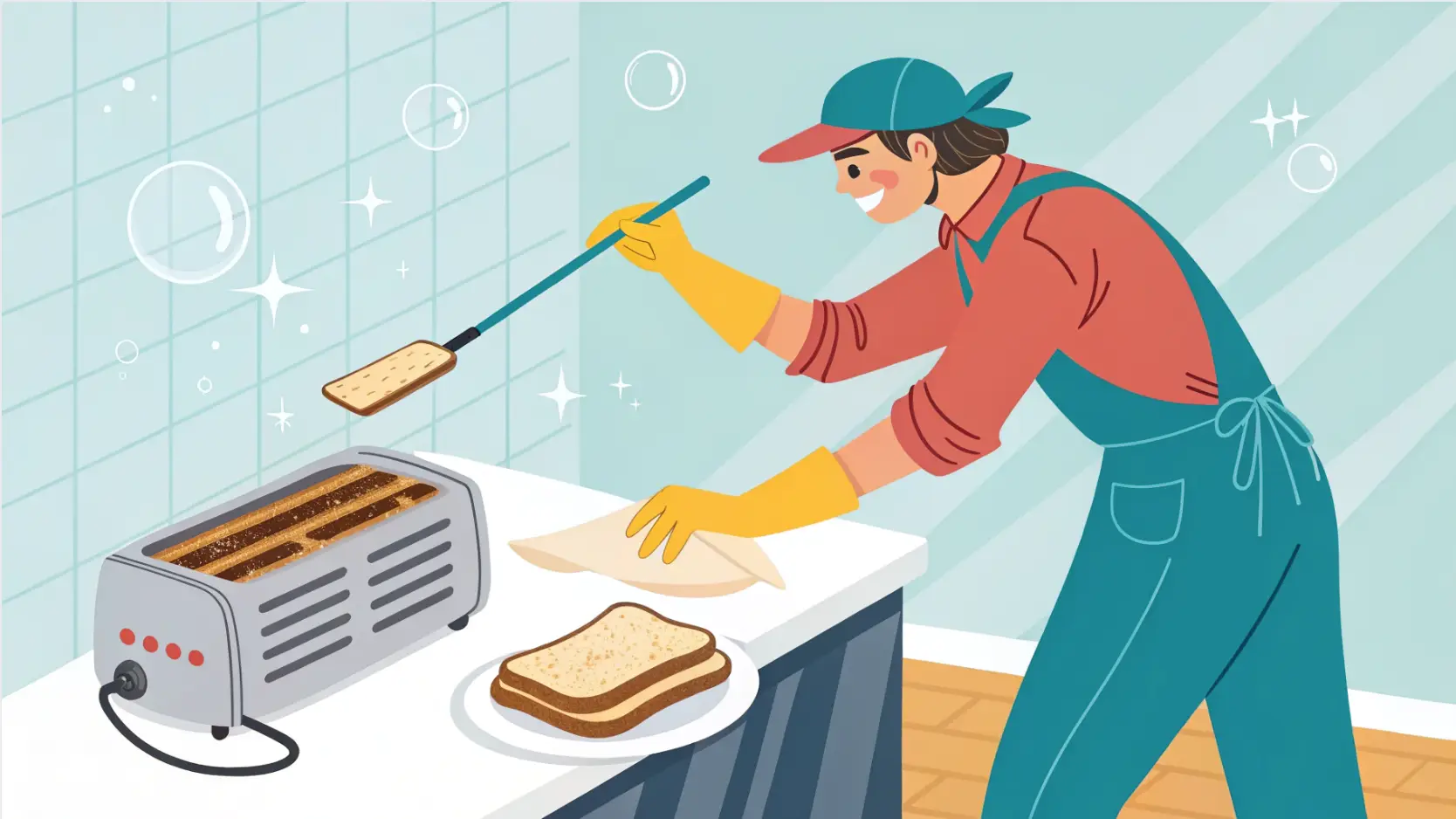 Personnage d'animation nettoyant un grille pain