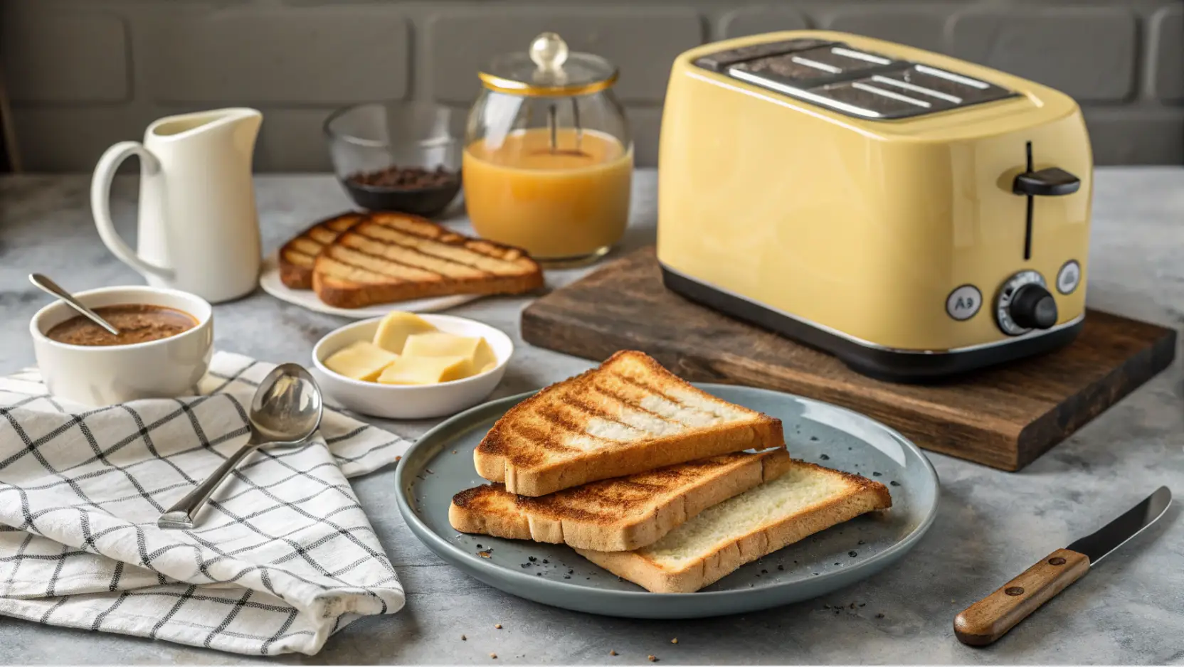 Grille pain avec manette de puissance entouré d'un petit déjeuner copieux