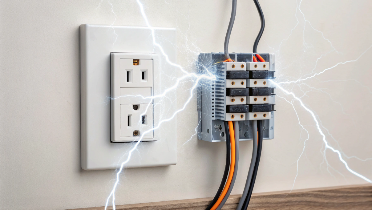 Illustration d'une prise électrique qui disjoncte à cause d'un grille pain