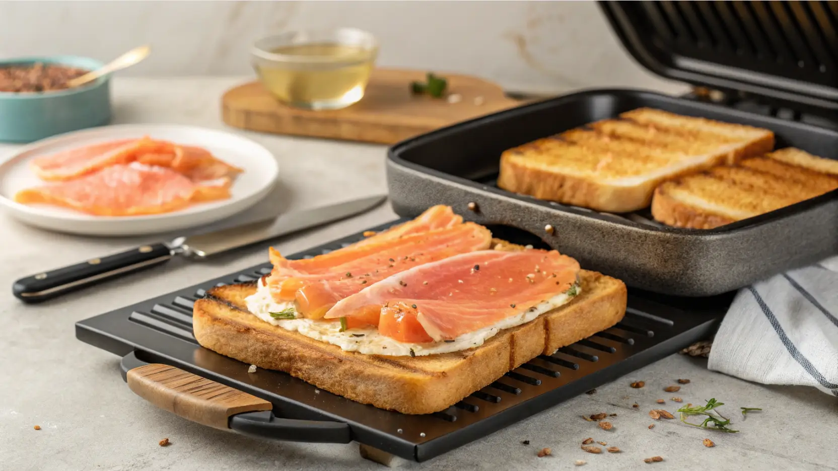Toast au saumon fumé qui sortent du grille pain