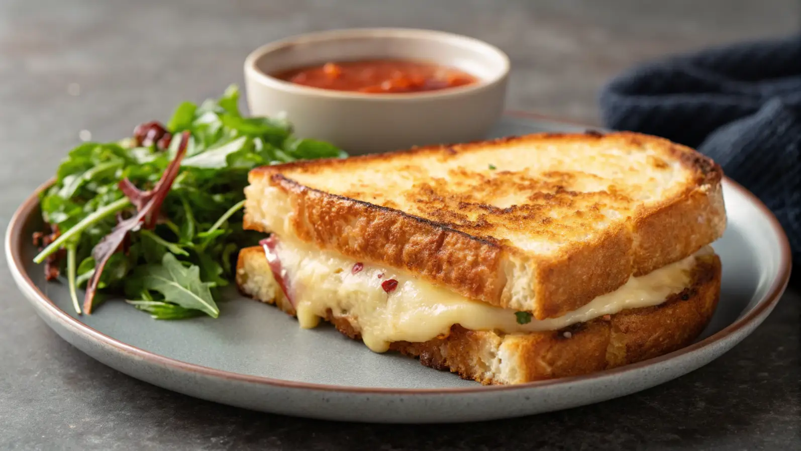 Croque monsieur chèvre accompagné de salade et d'une sauce maison