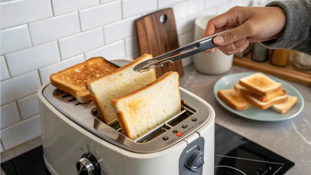 grille pain avec pince pour pain grillé dans une cuisine